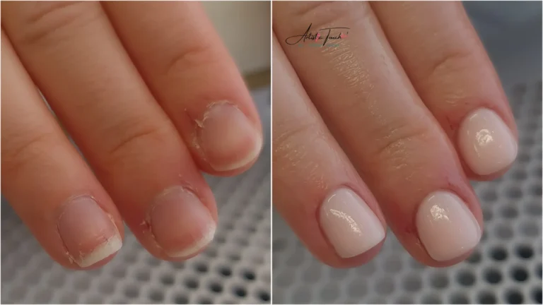 BIAB transformation on short natural nails showing strengthening and professional finish
