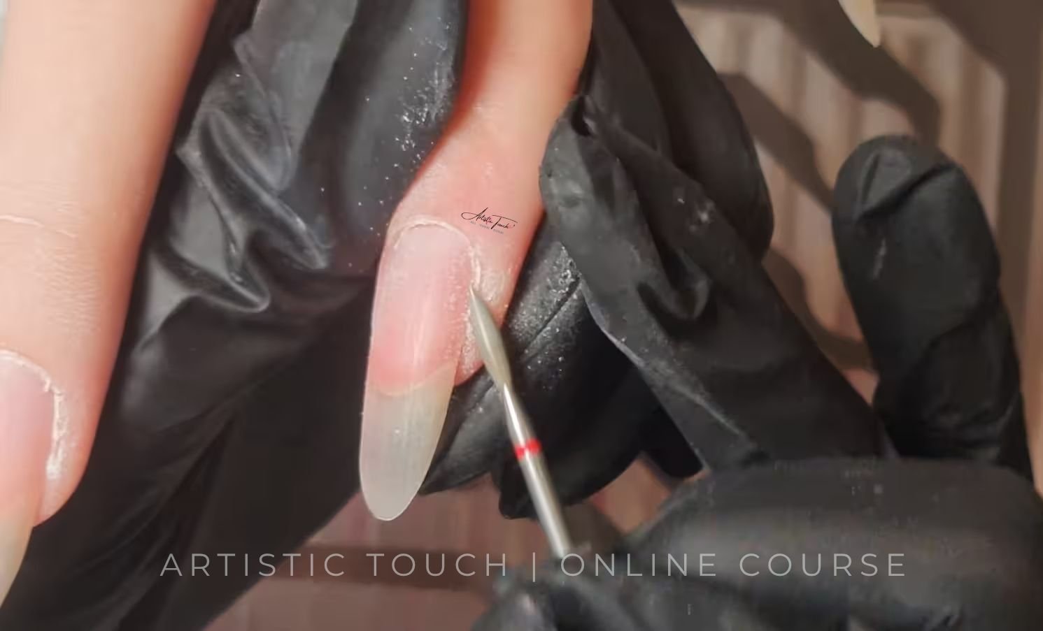 Controlled e-file cuticle work demonstration during Russian Manicure