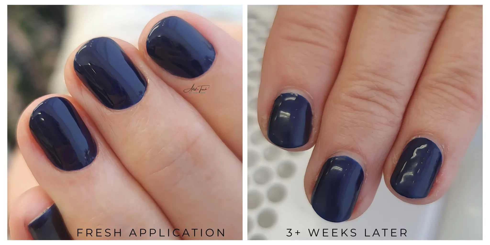 E-file manicure BIAB retention comparison showing fresh application versus 3-4 weeks wear with no lifting