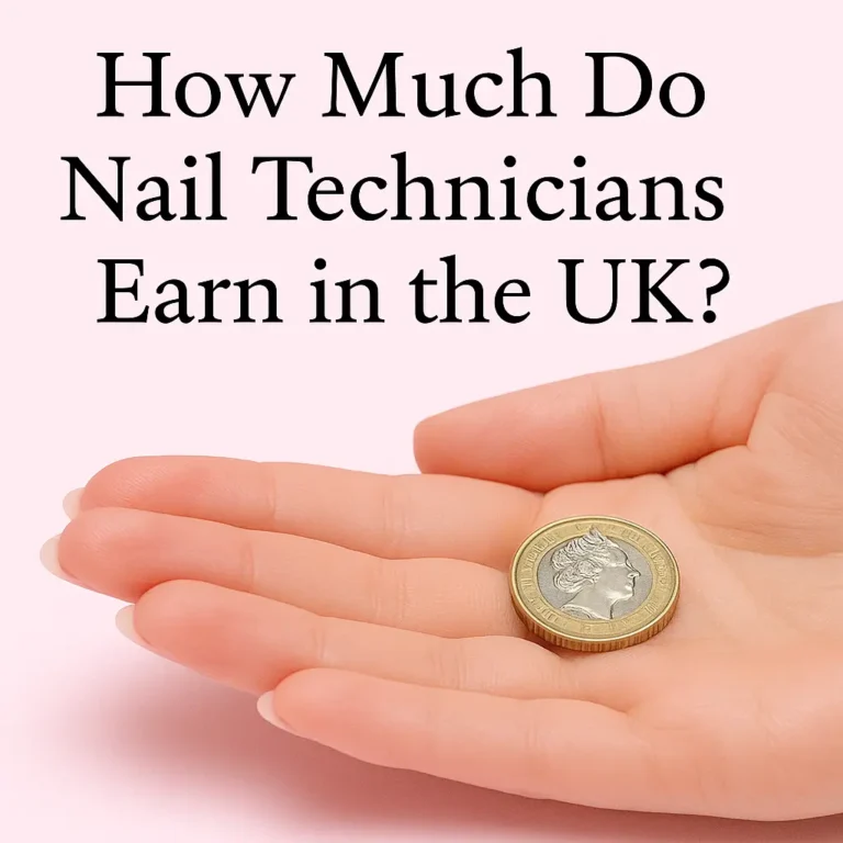 Professional nail technician hand holding a British one-pound coin, representing nail technician earnings in the UK