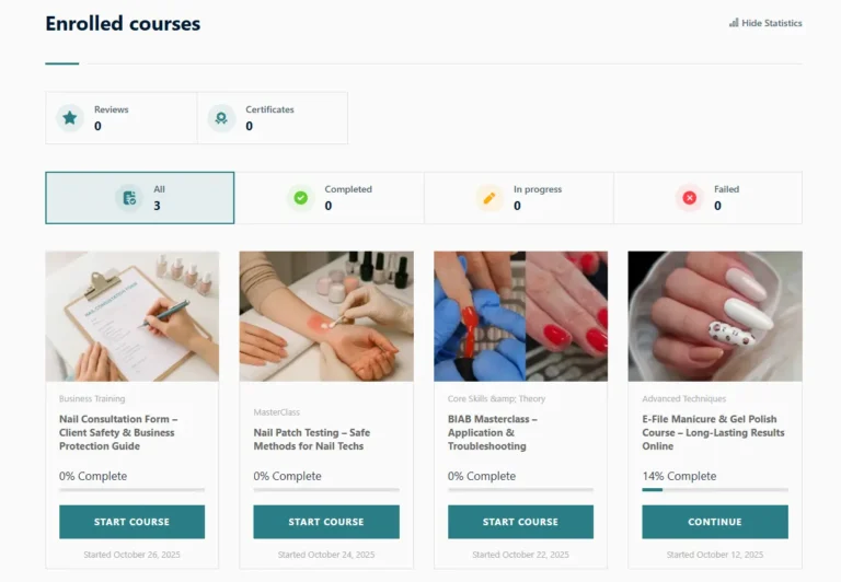 Artistic Touch online nail courses dashboard showing BIAB Masterclass, E-File Manicure course, Nail Patch Testing, and Consultation Form training with professional course structure