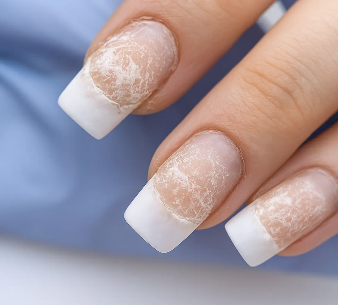 Close-up of gel nail lifting at cuticle zone showing common application problem that causes early failure
