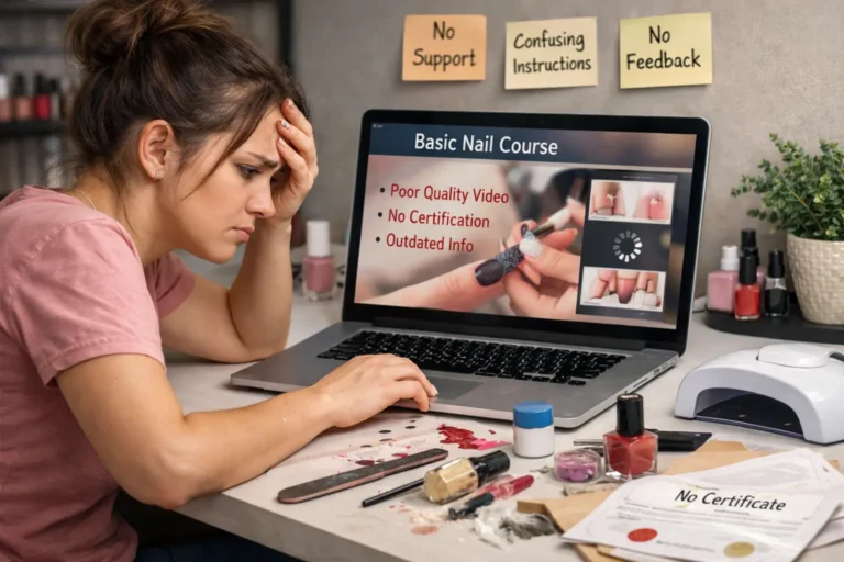 Frustrated student sitting at laptop struggling with poor quality online nail training course showing common signs of inadequate education and lack of support