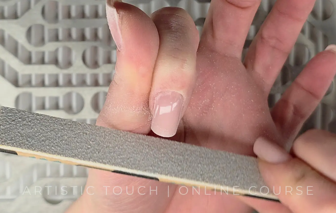 BIAB dual forms compared to brush application showing filing technique differences for square nail creation