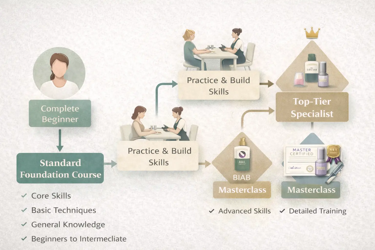 Visual diagram showing the professional nail career progression from beginner standard courses through advanced masterclasses and specialization