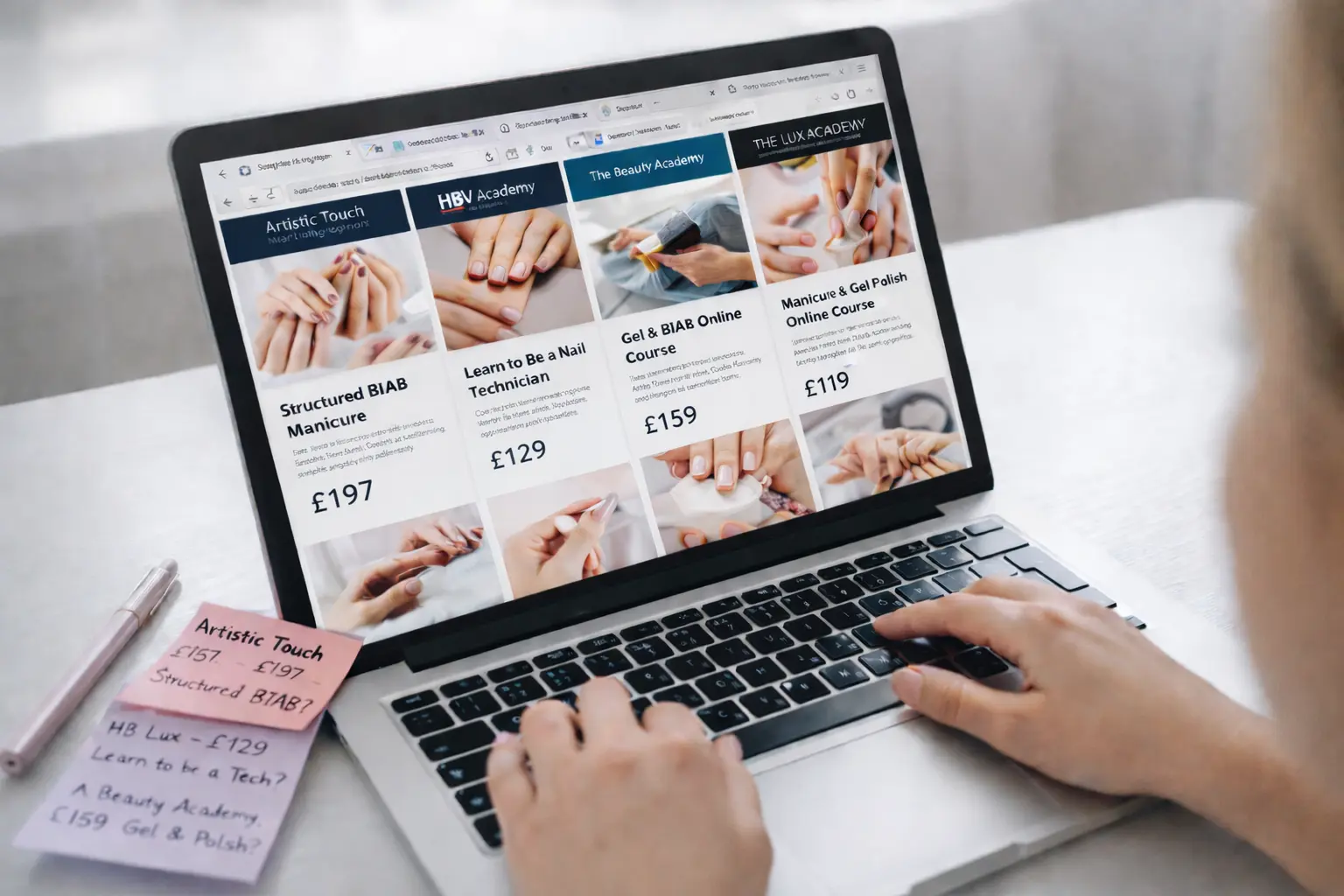 Confused nail technician looking at multiple online course options on computer screen
