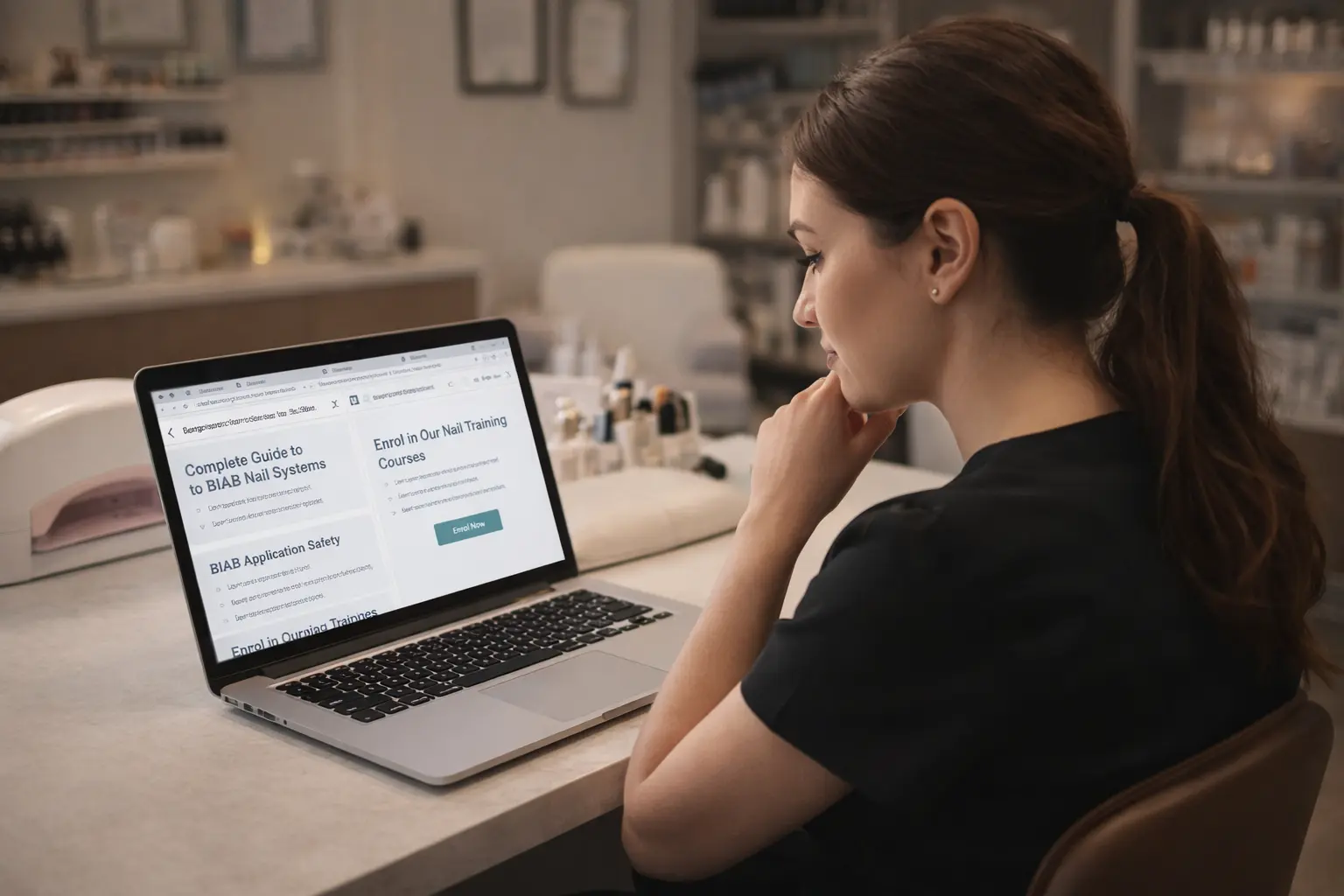 Nail technician comparing different course options on laptop showing price range from specialist to comprehensive masterclass