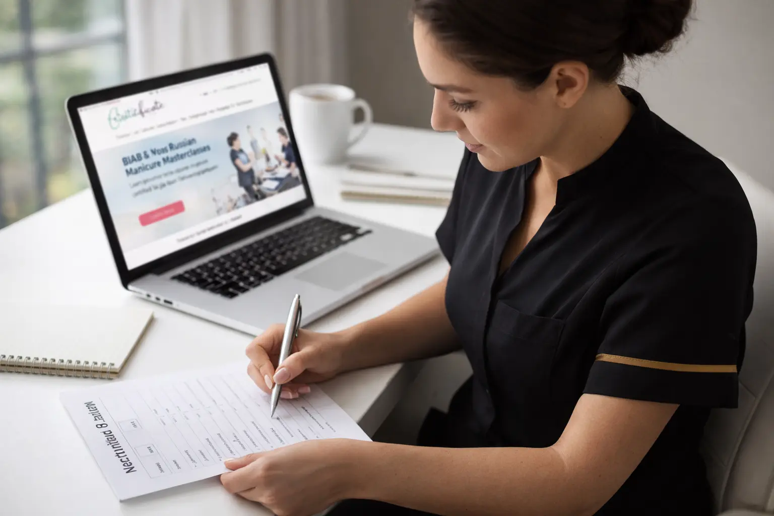Nail technician reviewing course evaluation checklist with laptop and notepad