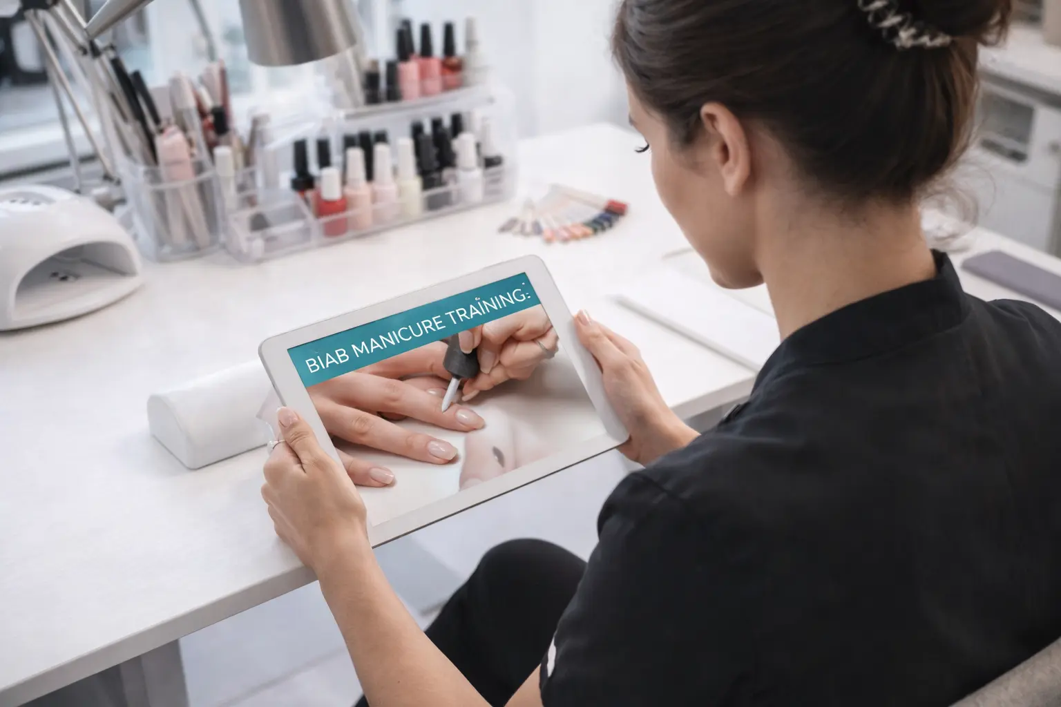 Nail technician watching online training video on tablet between salon clients