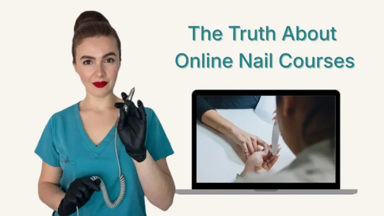 Radina Ignatova nail educator holding e-file drill next to laptop screen showing nail filing — The Truth About Online Nail Courses