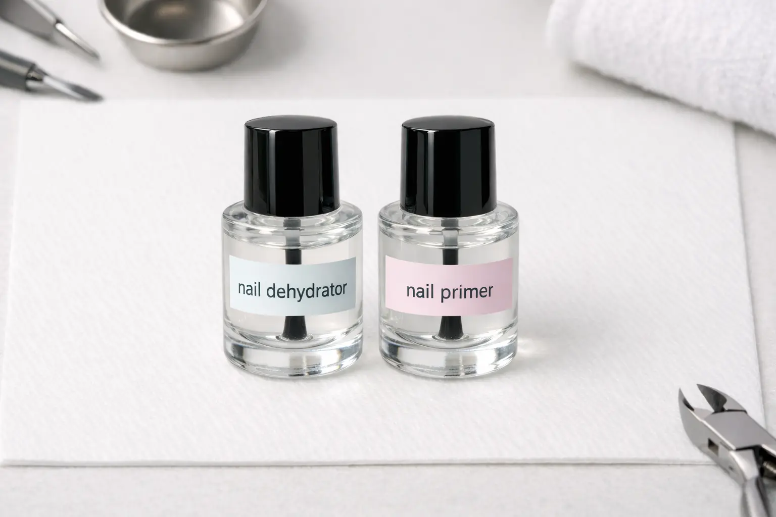 Nail dehydrator and nail primer bottles positioned side by side on professional nail preparation station