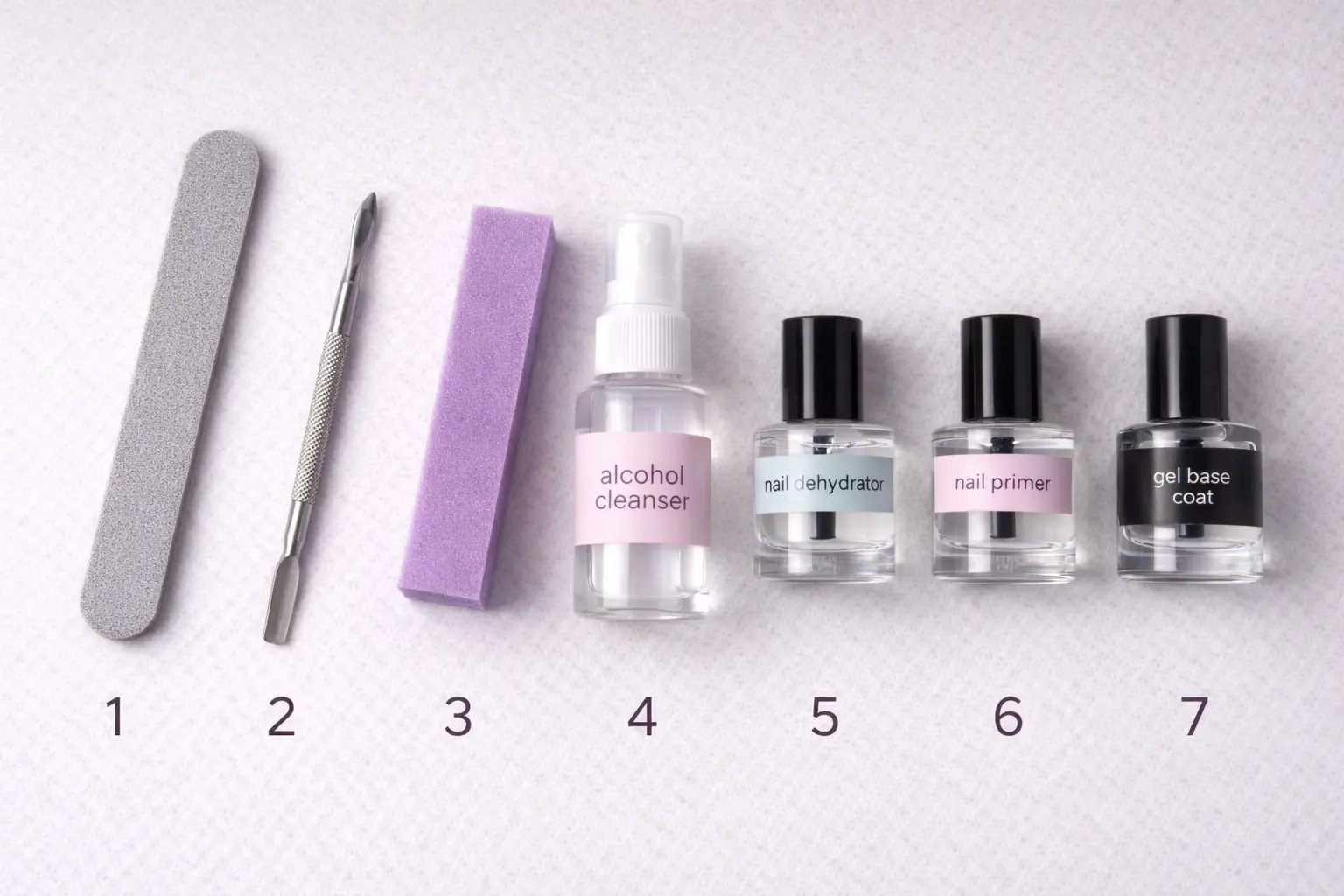 Professional nail preparation sequence showing dehydrator, primer and base coat application in correct order