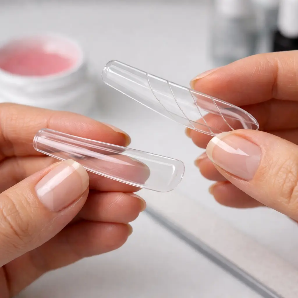 Sandwich dual forms nail extension tutorial showing step-by-step application for beginners