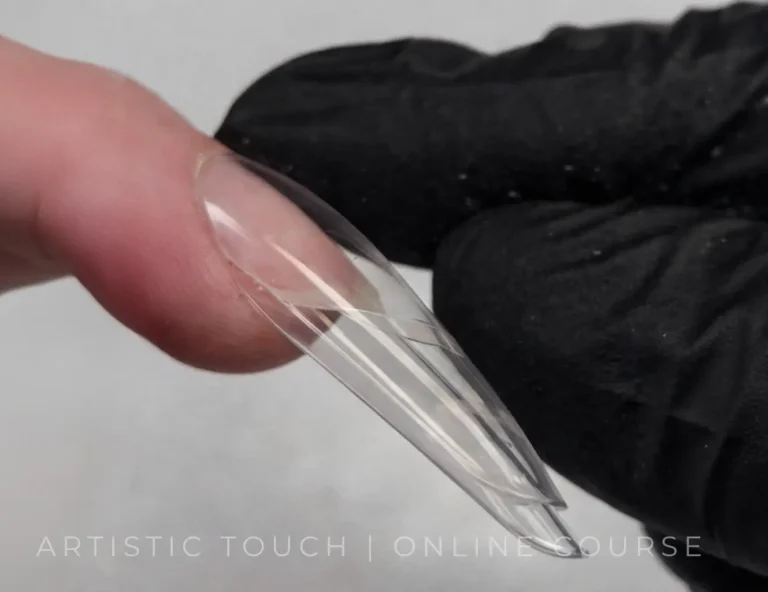 Side view of sandwich dual forms system showing nail architecture and volume on natural nail in online course