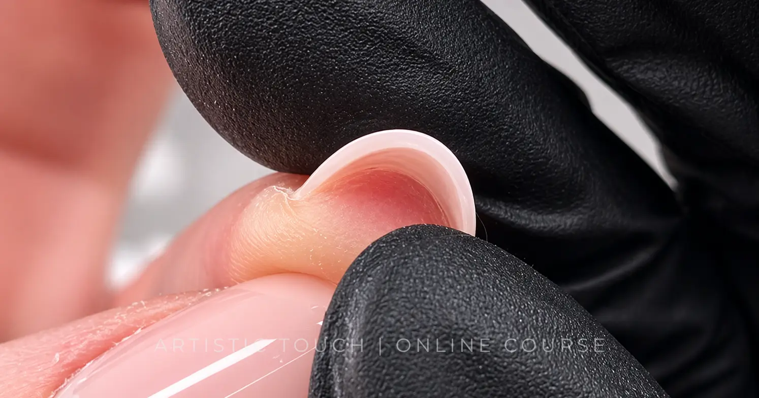 Finished sandwich dual forms nail showing smooth thin structure and even C-curve