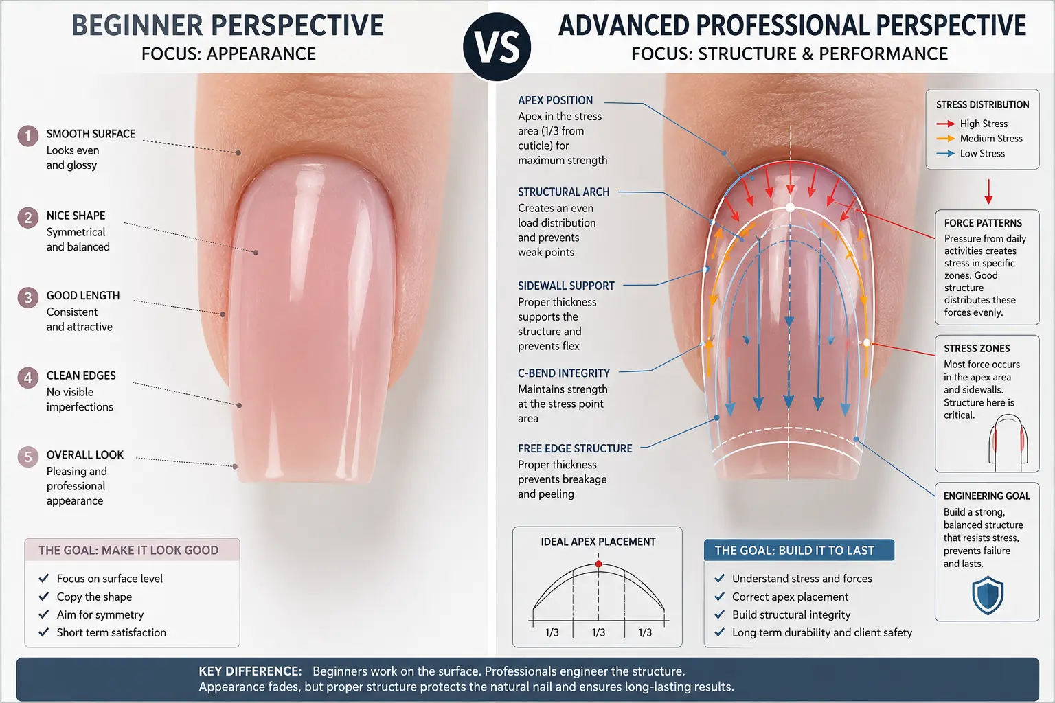 Same nail enhancement viewed by beginner seeing aesthetic appearance versus advanced professional analysing structural engineering stress patterns and force distribution
