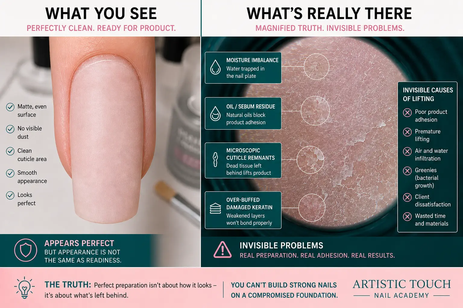 Split comparison showing visually clean prepared nail surface beside magnified view revealing invisible moisture imbalance oil penetration microscopic cuticle and damaged keratin causing lifting despite clean appearance