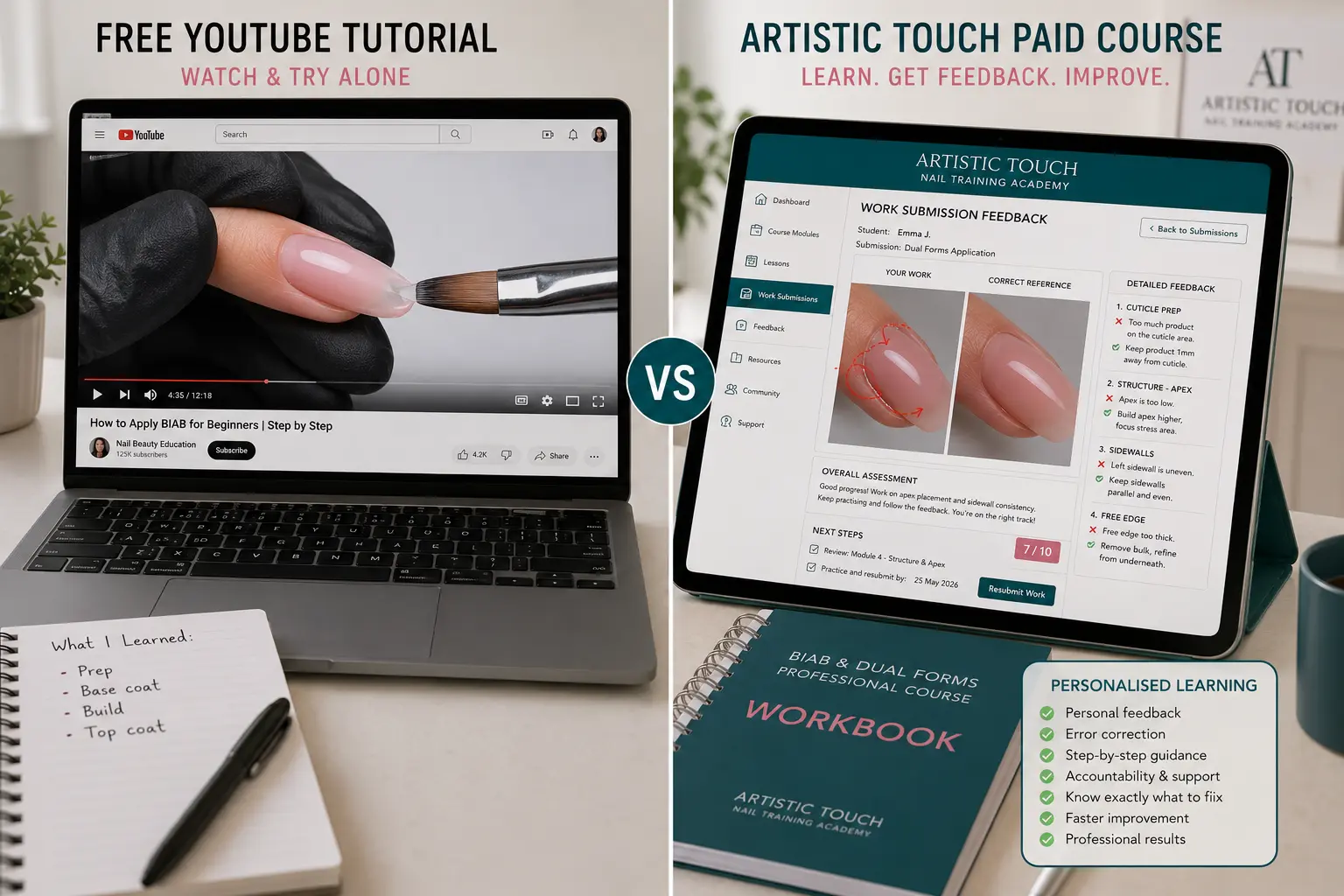 Comparison of free tutorial demonstration versus paid course with detailed individual assessment feedback and specific technical corrections