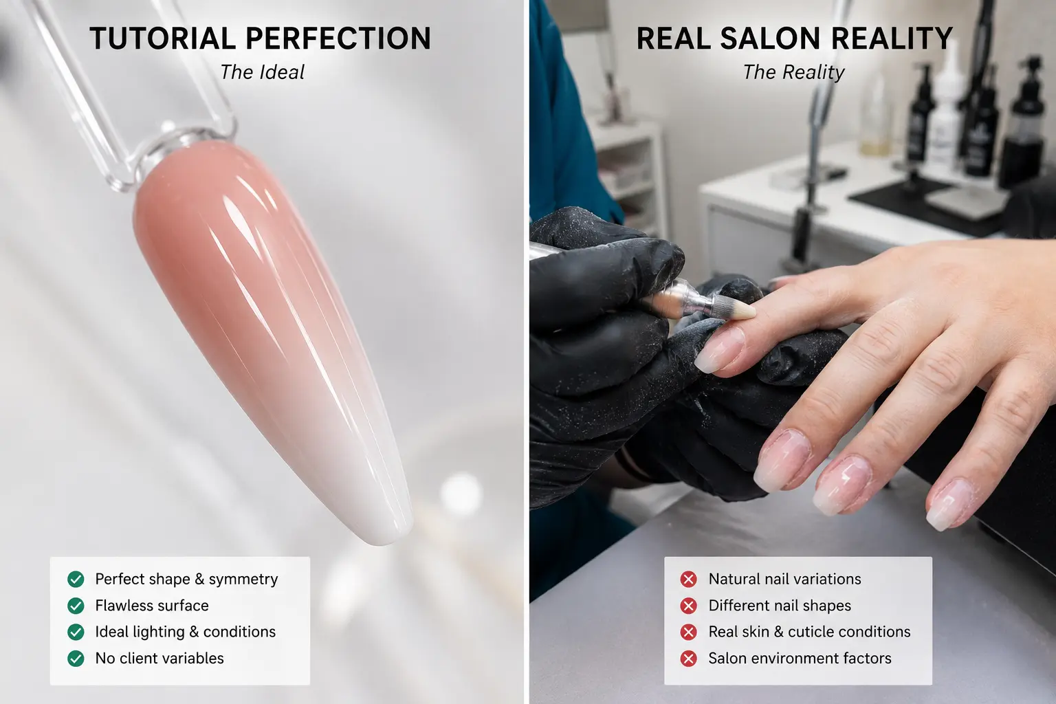 Split image showing perfect nail tutorial result versus real salon unpredictability and variation