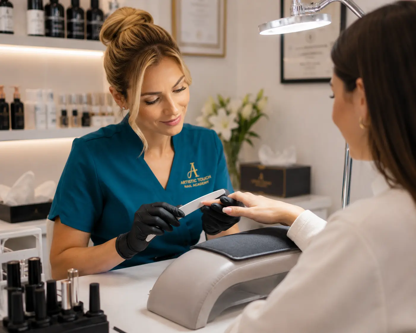 Confident nail technician working on client nails, focused and professional, demonstrating skill improvement and learning