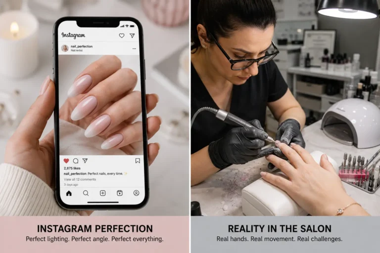 Comparison between perfect Instagram nail photography and real salon nail work performed on an actual client.