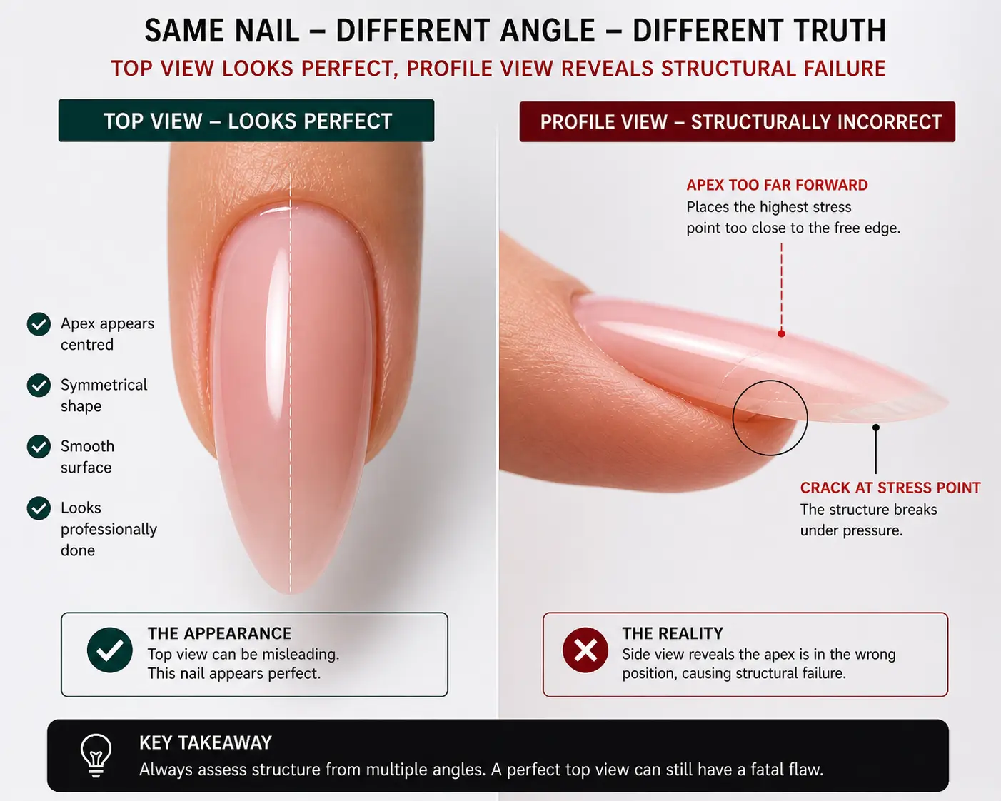 Nail enhancement showing structural crack at stress point despite visually correct apex placement from top view