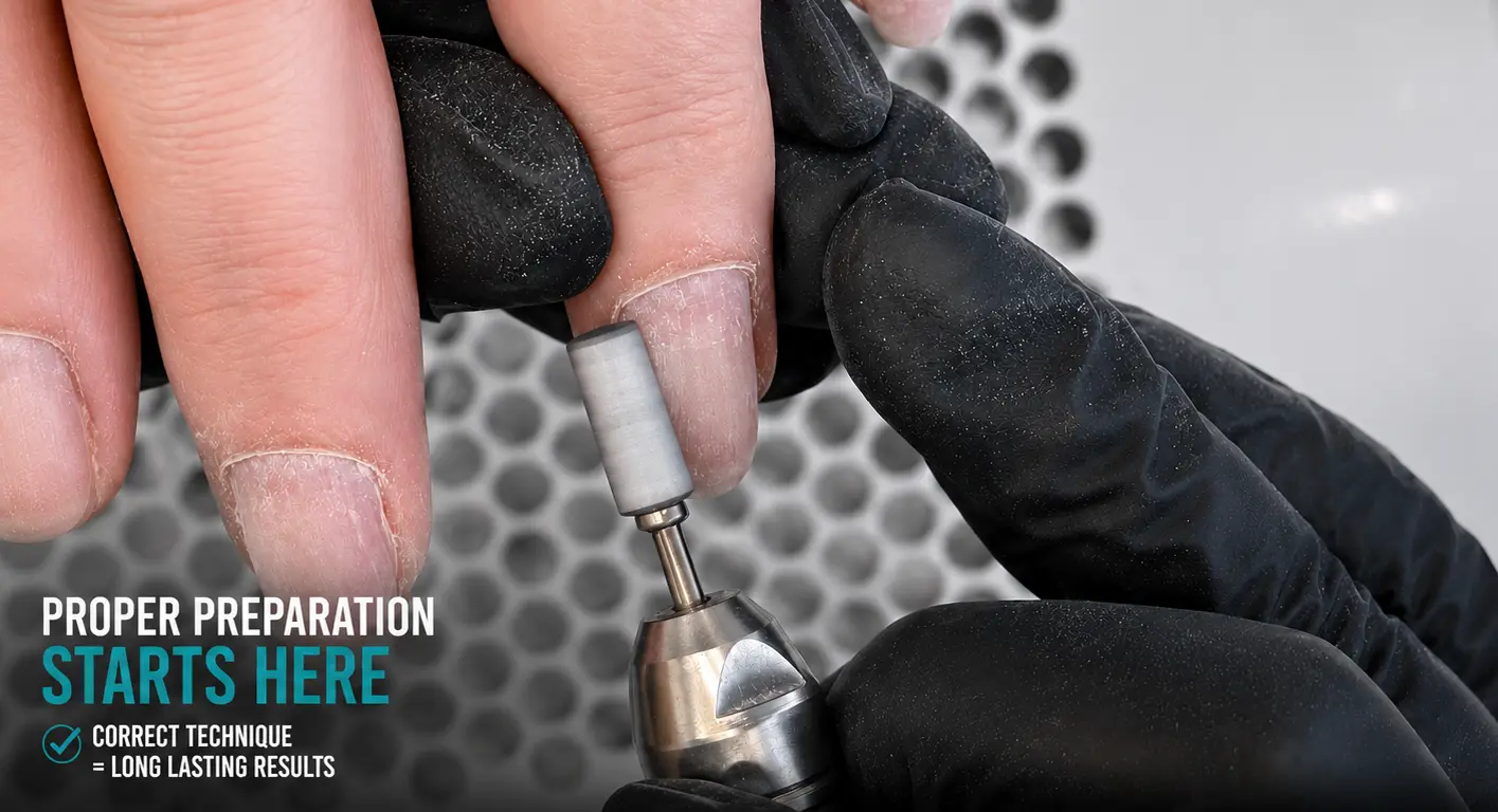 Professional nail prep course lesson preview showing e-file nail plate preparation technique
