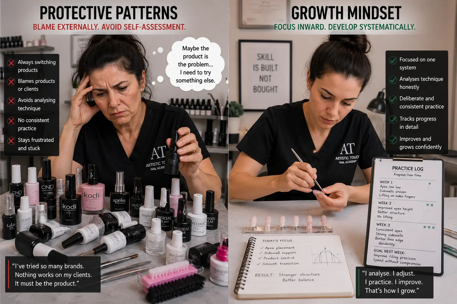Experienced technician stuck at plateau constantly switching products avoiding technical self-assessment versus newer technician showing rapid improvement through systematic deliberate practice