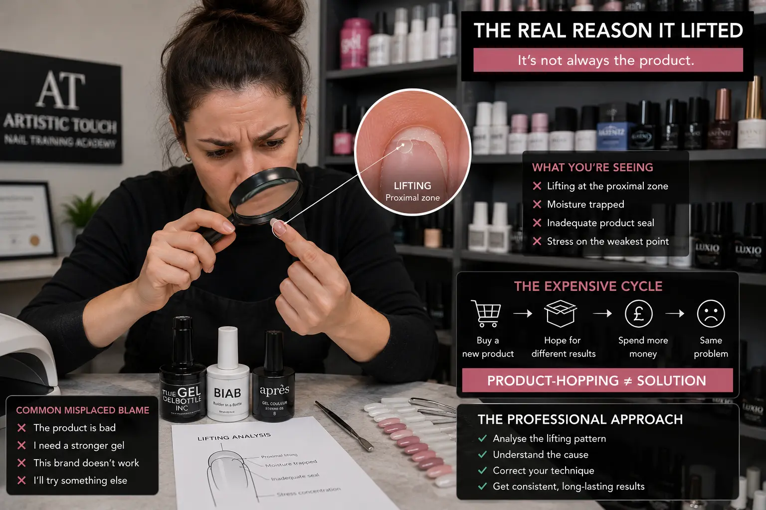 Nail technician examining lifted enhancement closely with multiple product bottles in background showing expensive product-switching habit instead of proper technical diagnosis