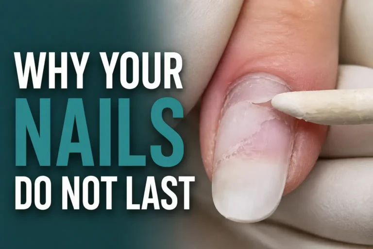 Nail lifting near the cuticle showing product separation and retention failure explained in the Nail Prep Course by Radina Ignatova