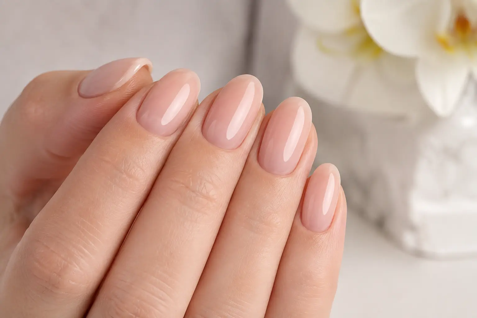 Russian Manicure finished result with glossy nude polish and clean cuticle work