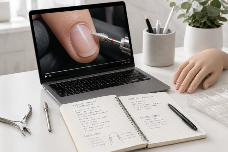Online Russian Manicure course lesson with notebook, e-file tools and practice hand