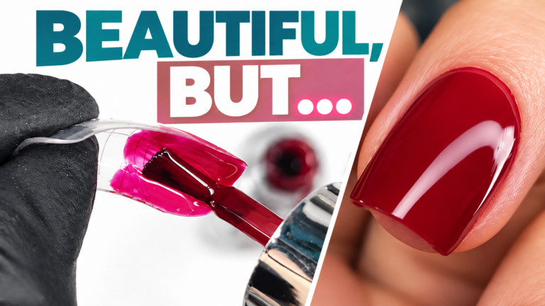 Dual form colour technique showing dark red gel polish applied inside dual forms before builder gel