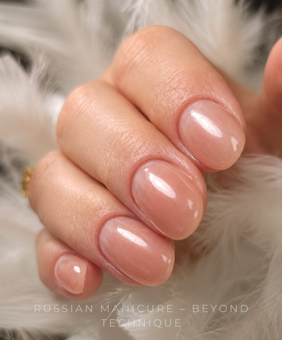 Russian Manicure result on thin skin showing a clean cuticle pocket and natural nude gel finish